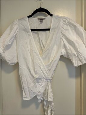 H&M White Puff Sleeve Wrap Blouse